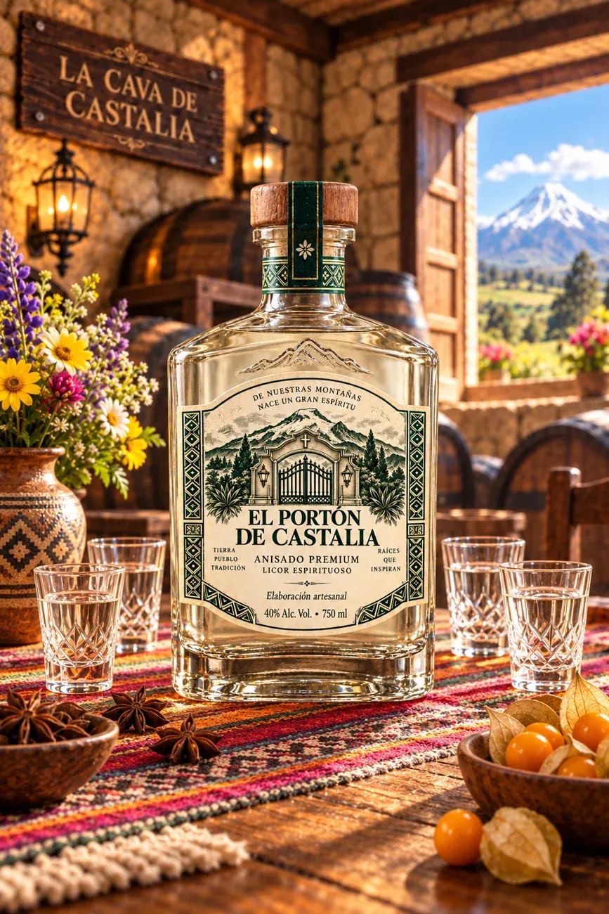 Botella del anisado El Portón de Castalia en la cava