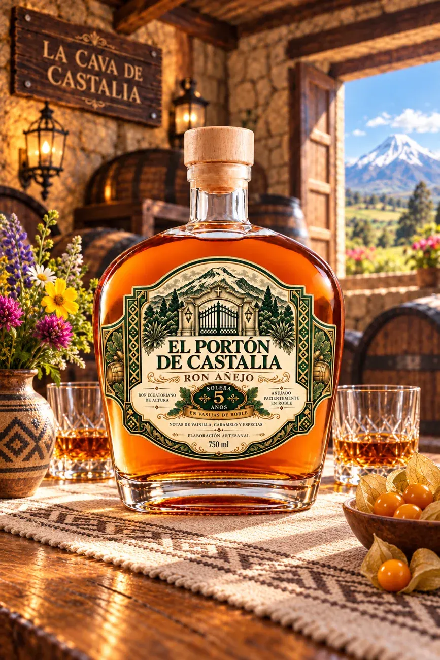 Botella del ron El Portón de Castalia en la cava