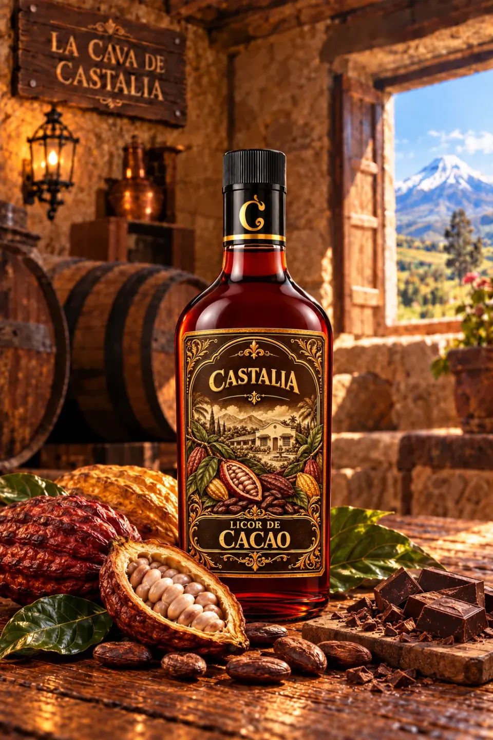Botella de Licor de Cacao Castalia en la cava