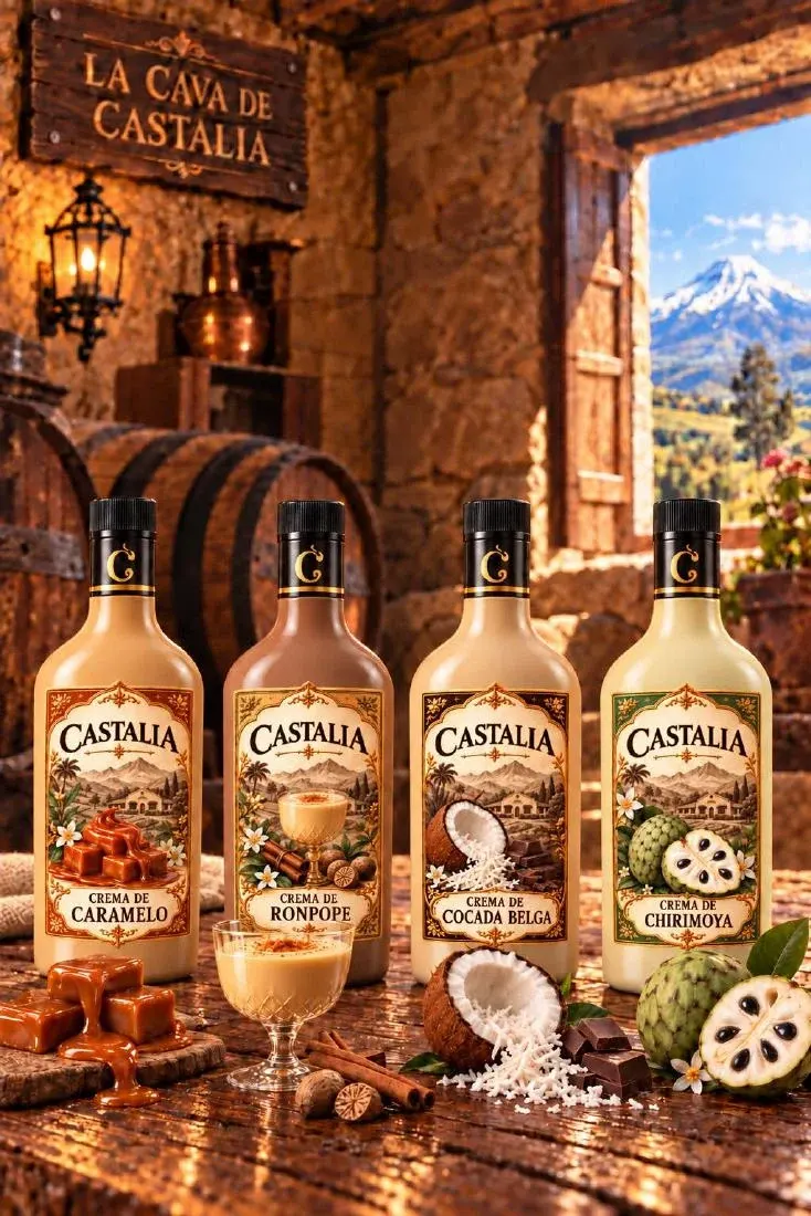 Botellas de crema Castalia: Caramelo, Ronpope, Cocada belga y Chirimoya
