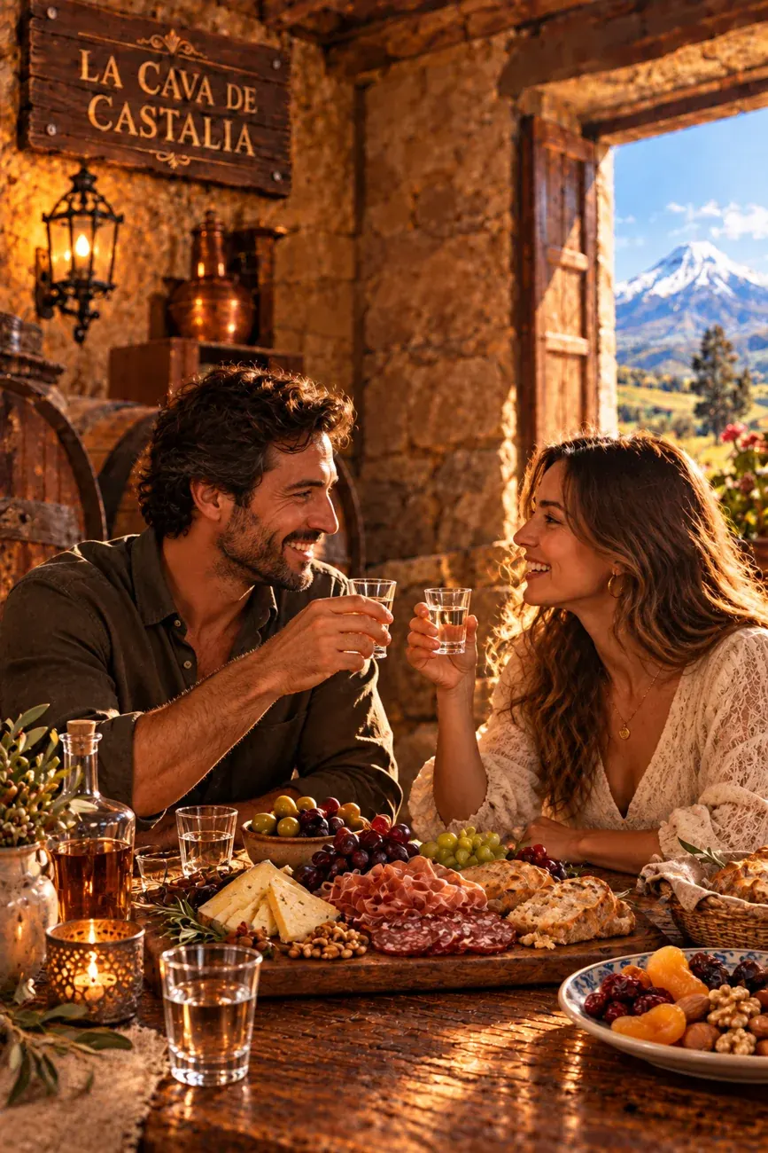 Dos personas brindan en La Cava de Castalia junto a una tabla de quesos, embutidos y frutas