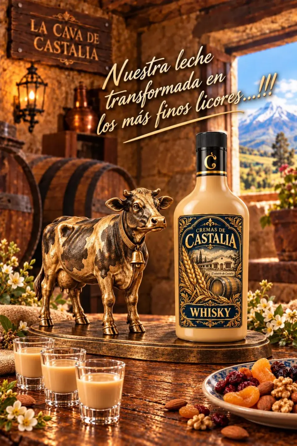 Botella de crema de whisky Castalia junto a una escultura de vaca en la cava