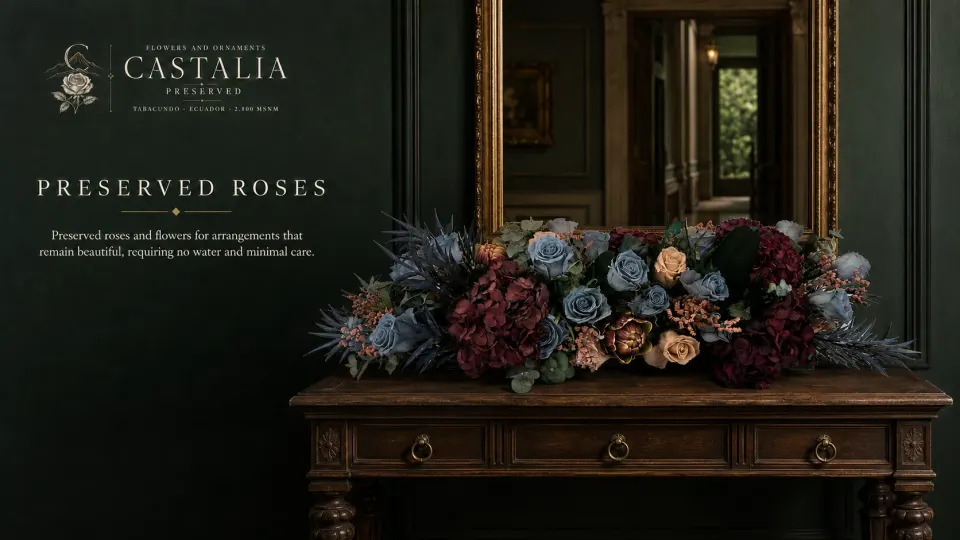 Arreglo de rosas y flores preservadas de Castalia