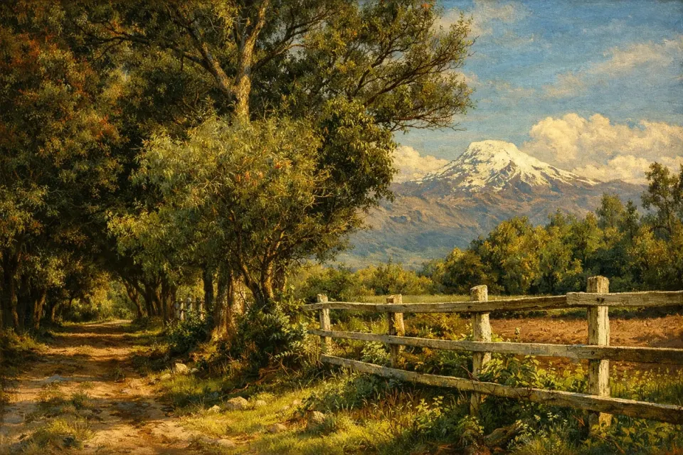 Sendero arbolado de Castalia con el Cayambe al fondo